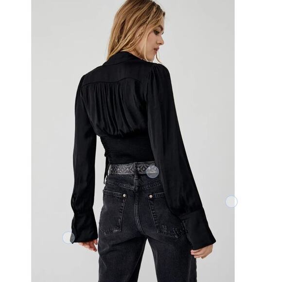 FREE PEOPLE (L)RUCHED, BUTTON FRONT, LONG BELL SLEEVES, NECK-TIE BLOUSE - Picture 2 of 13